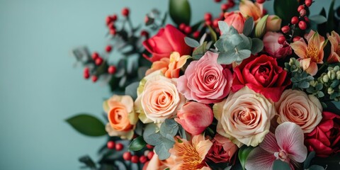 Fototapeta premium Bouquet of pink roses and other flowers in ceramic vase on blurred background for florists,home decor or greeting cards.