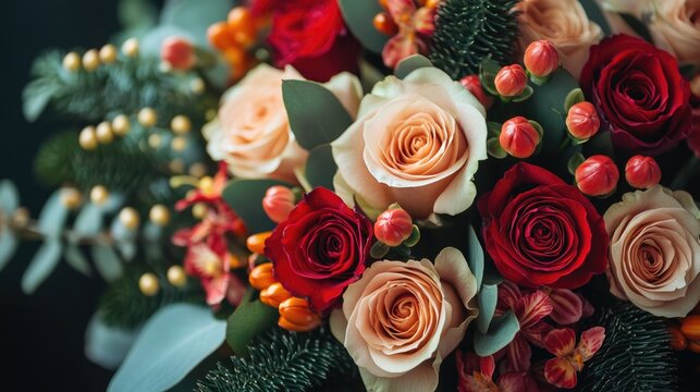 Elegant holiday bouquet featuring deep red and peach roses, eucalyptus, pine, and gold berries. Use for sites/blogs on floristry, holidays, romance, weddings, or home decor.