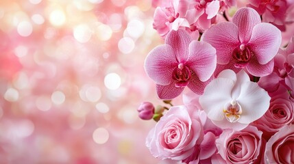 Fototapeta na wymiar Soft composition of pink orchids and roses on blurred background for floral design websites, romantic themes and elegant promotions.