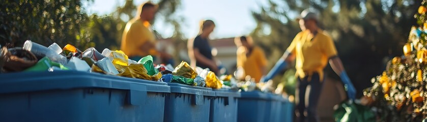 A group of environmentally conscious individuals actively sorting recycling materials in a community cleanup event