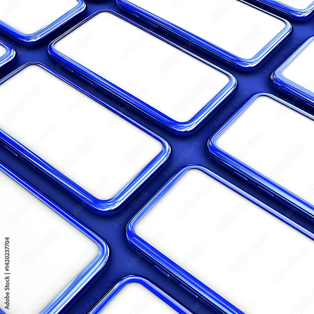 Poster phones array network tech connection grid communication cellular devices innovation blue and white b