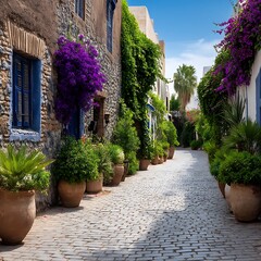 Naklejka premium Picturesque Cobblestone Street with Flourishing Plants and Charming Mediterranean Architecture Style.