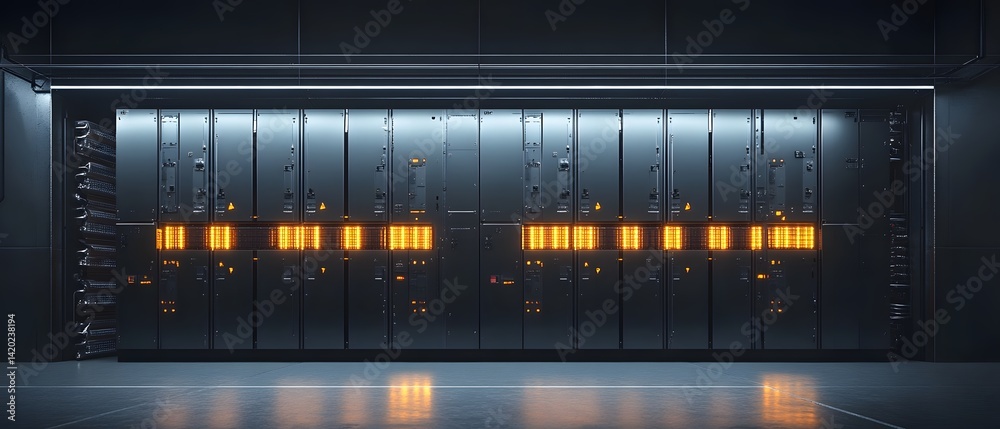 Poster a modern data center showcasing sleek server racks with illuminated indicators. the advanced design 