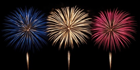 Several bright colorful fireworks explode over silhouetted cityscape at night for celebration blogs, holiday event websites,and urban nighttime themes