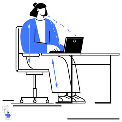 Female working at desk on laptop, demonstrating proper ergonomic posture with directional arrows. Ideal for workplace ergonomics, health, human wellness, productivity, office design, postural
