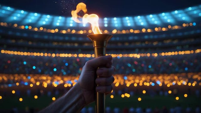 Hand holding a burning torch in front of a stadium