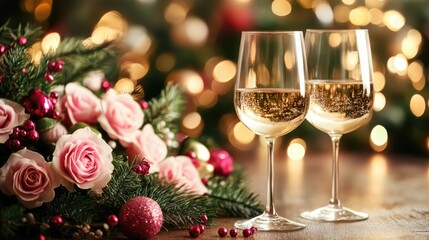 Two wine glasses, roses, pine branches, ornaments, and bokeh lights suggest a festive occasion. Use for holiday, celebration, or romantic themes.