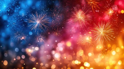 Naklejka premium Several bright colorful fireworks explode over silhouetted cityscape at night for celebration blogs, holiday event websites,and urban nighttime themes