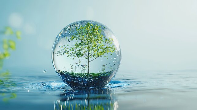 Crystal sphere protecting a small tree, symbolizing environmental protection.