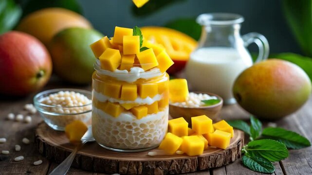 Mango Sago Dessert: A Sweet Cold Treat of Pureed Mango, Sago Pearls, and Coconut Milk, Topped with Fresh Mango and Served in a Jar