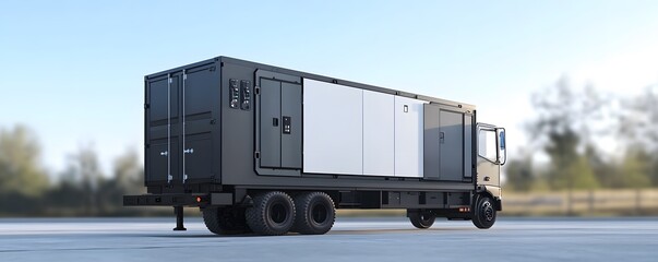 A sleek, modern transport truck parked in a scenic outdoor setting.