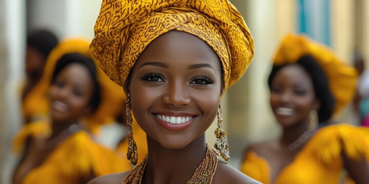 smiling woman in a vibrant yellow headwrap and jewelry, with other dancers blurred in the background. Excellent for cultural blogs, diversity campaigns, fashion editorials, or travel and tradition web