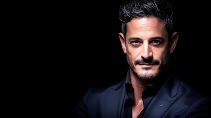 Obraz premium Portrait of a Confident Man in a Dark Suit Standing Against a Black Backdrop with Dramatic Lighting