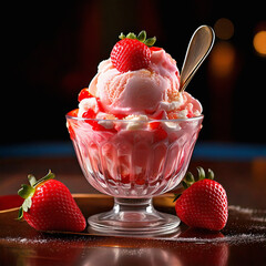 A large cup of strawberry ice cream on the table.