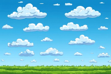 Fototapeta premium Bright summer sky with puffy clouds and green grass