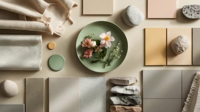 Creative flat lay setup of moodboard containing textile and paint samples, panels, and tiles. Color palette. Space for text.