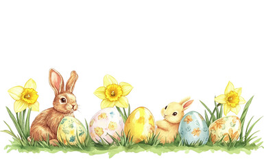 Adorable Easter Bunny Surrounded by Colorful Eggs and Flowers