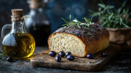 Freshly baked loaf of bread,  topped with herbs and spices, with olive oil