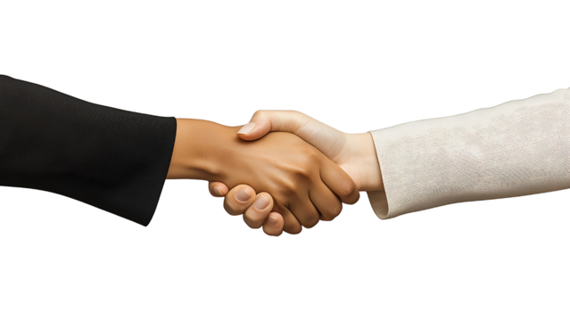 Two people in suits shake hands on transparent background PNG