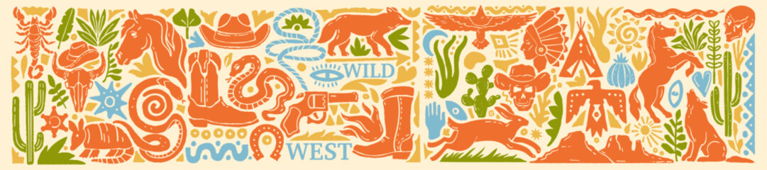 Western desert linocut wild West cowboy print, vector hand drawn Texas nature silhouette collection. Horse outline American animal illustration, vintage adventure boots. Western linocut grunge art © Oleksandra