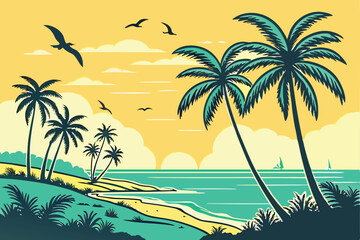 26 tropical sunset, beach silhouette, palm trees, ocean horizon, vibrant gradient sky, fluffy clouds, seagulls, peaceful atmosphere, vector art style, minimalist landscape, turquoise and yellow color 