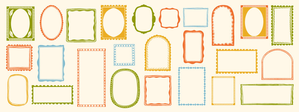 Doodle wave frame set, hand drawn border color collection, cute minimal hand drawn square blank kit. Elegant retro ornament empty banner, rectangle postal stamp oval arch. Celebration doodle frame