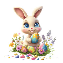 Cartoon Bunny Holding Egg with Easter Decor, Downloadable PNG & Vector