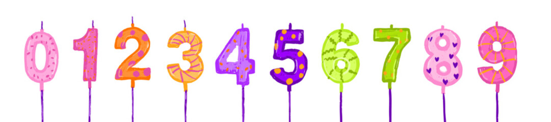 Candle number birthday cake digit set vector hand drawn celebration wax postcard decoration age sign. Kids party holiday design elements, colorful date symbol, pencil texture. Greeting candle number