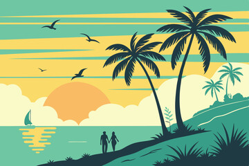 26 tropical sunset, beach silhouette, palm trees, ocean horizon, vibrant gradient sky, fluffy clouds, seagulls, peaceful atmosphere, vector art style, minimalist landscape, turquoise and yellow color 