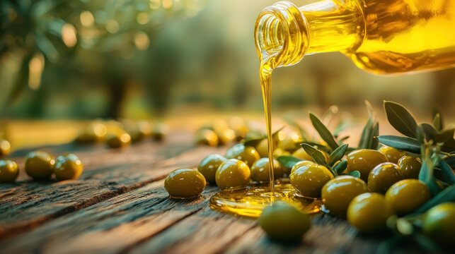 Freshly harvested olive oil poured onto a wooden table with olives and leaves