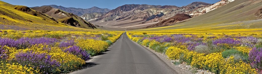 Fototapeta premium Vibrant spring wildflowers blooming along scenic road death valley landscape photography nature's beauty panoramic view