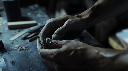 Carpenter shaping wood with a hand plane in a workshop. Featuring craftsmanship and technique
