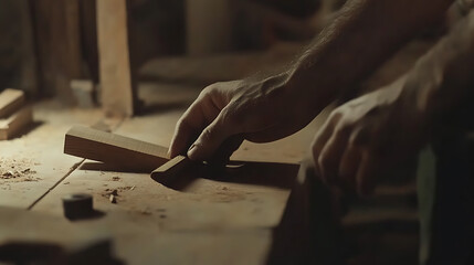 Carpenter shaping wood with a hand plane in a workshop. Featuring craftsmanship and technique