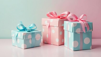 Obraz premium Pastel colored gift boxes with polka dots, whimsical style, illustration, wallpaper, polka dot