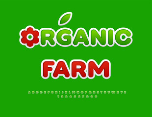 Vector Healthy concept Organic Farm. Creative Round Font. Green Sticker Alphabet Letters and Numbers set