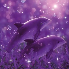 Purple Hues Two Dolphins Dancing in a Dreamy Underwater World with Bubbles and Shimmering Lights.