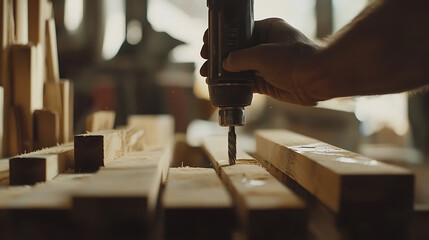 Carpenter using a power drill on wooden planks. Featuring skill and focus