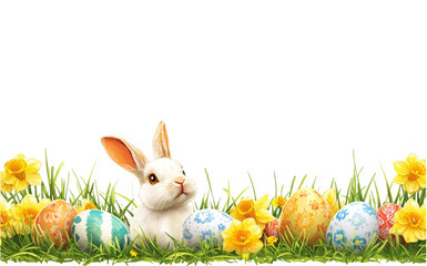 Easter Rabbit Surrounded by Eggs and Spring Flowers