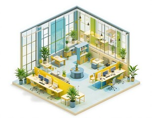 Isometric illustration showcases an environmentally friendly office interior