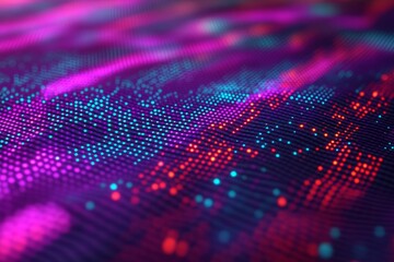 Abstract digital wave of vibrant colors.  A dynamic display of interconnected data points, flowing in a mesmerizing pattern.  Intense, glowing points of light in a spectrum of hues