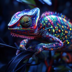 Colorful chameleon with sparkling lights and sharp features in the wild