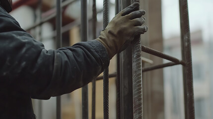 Construction worker adjusting scaffolding at a building site. Featuring focus and teamwork