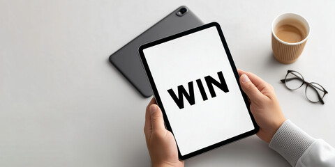 Winning Vision: A person's hands delicately cradle a tablet displaying the bold word 'WIN', a symbol of ambition and success, enhanced by a pair of glasses and coffee cup.