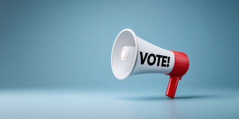 Call to Action: A striking megaphone, emblazoned with the empowering word "VOTE," stands poised against a vibrant blue backdrop. A direct, compelling visual.