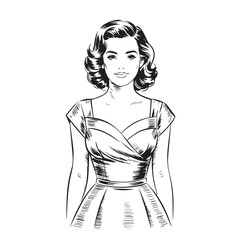 Vintage Woman Clip Art in Retro Style (Black and White)