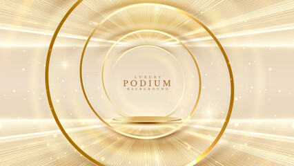 Elegant stage backdrop with golden podium and lights shining from behind With bokeh decoration. Cream elegant background Suitable for product promotions and award ceremonies.