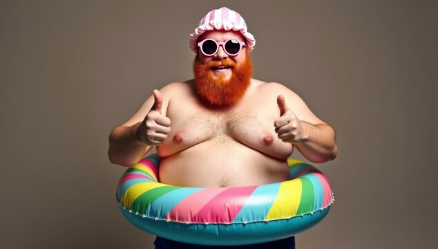 Funny bearded man prepared for beach vacation