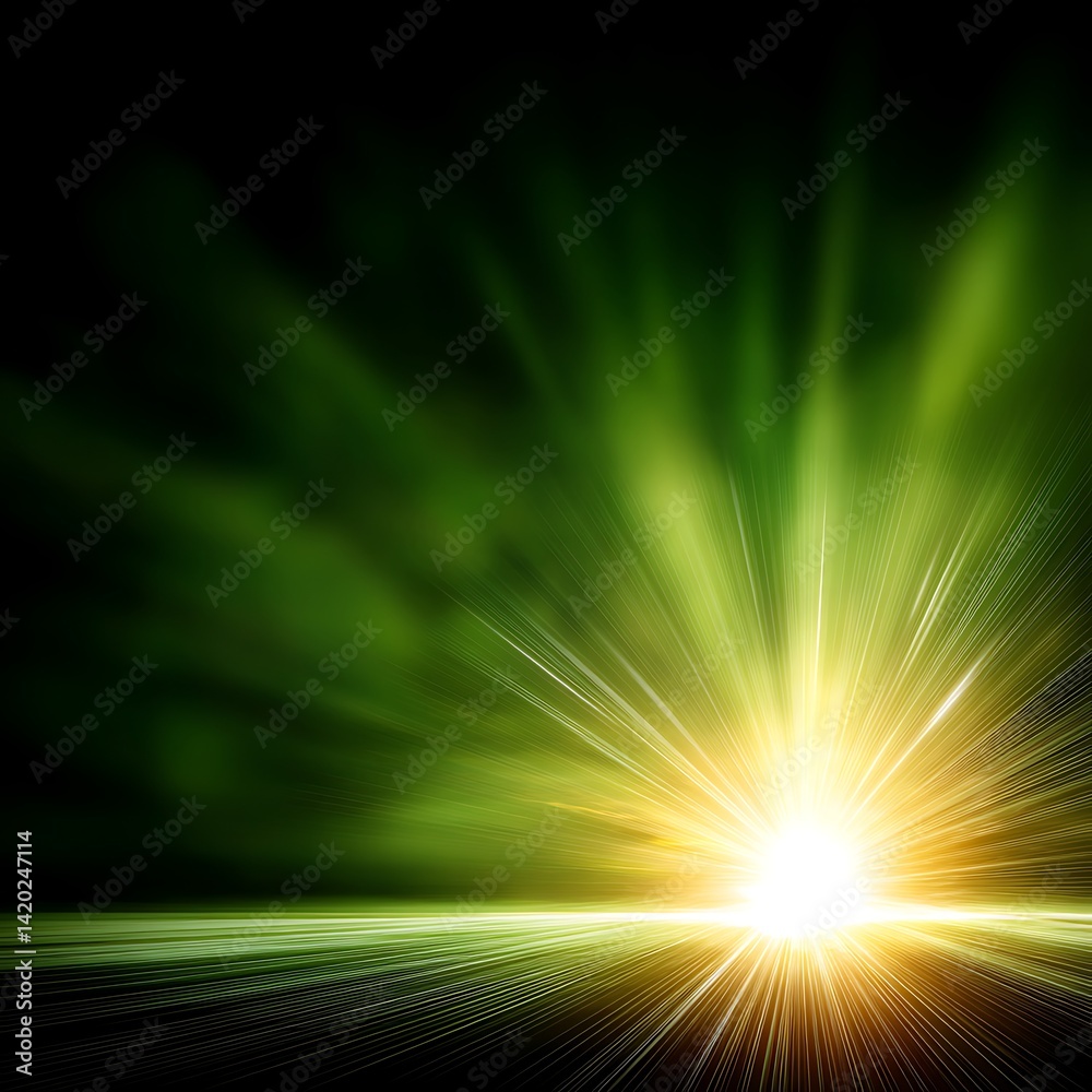 Wall mural radiating burst of green light emanating from the horizon abstract background visual.