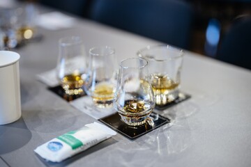 Enjoying whiskey tasting with friends at a stylish bar in the evening