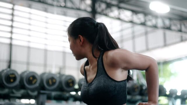 Young athletic woman performing triceps bench dips with strong determination during intense workout session in modern fitness center